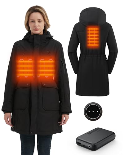 HEWINZE Damen beheizte Softshell-Langjacke, warmer Wintermantel mit elektrischer Heizung, abnehmbarer Kapuze und 7,4-V-Akku.US L von HEWINZE