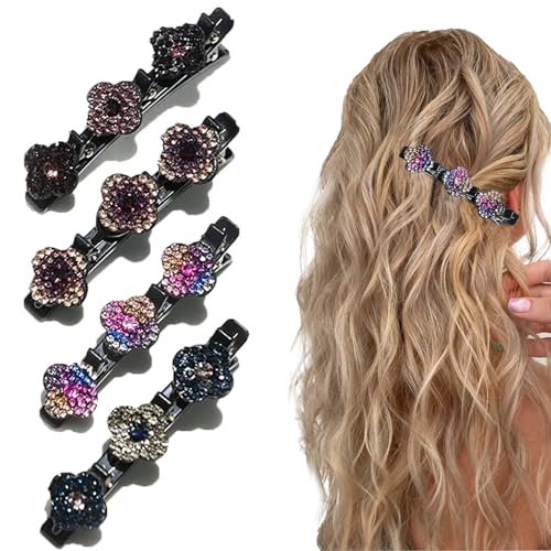Doppelschicht Haarspange mit funkelnden Kristallsteinen - Glitzernde Kristall-Stein Geflochtene Haarspangen, Doppelschicht,für Frauen Mädchen,(4 Pack) von HEWJYDE