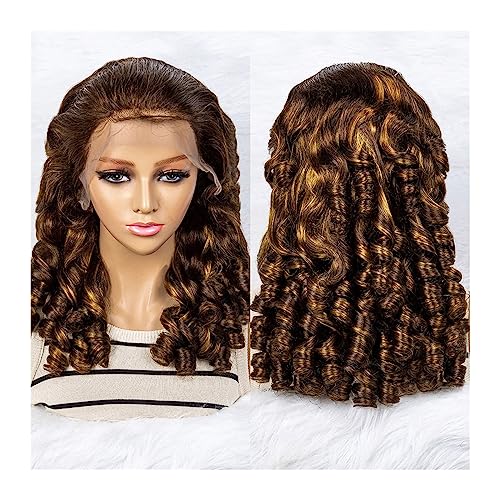 Haarteile Lockige gewellte Echthaar-Perücken, 13 x 4 Spitzenfront, Brailizan-Haarperücken, lockiger Bob mit Babyhaar for schwarze Frauen Perücken (Size : P4-27 180 density, Color : 16inches 1PC) von HEXEH