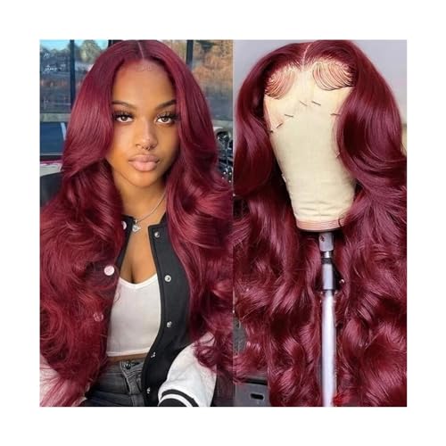 Perücken 99J Burgund 13X4 Lace Front Perücken Körperwelle Echthaar Perücke for schwarze Frauen Weinrot gefärbtes brasilianisches Remy Haar ohne Kleber vorgezupft mit Babyhaar Cosplay-Party-Perücke (C von HEXEH