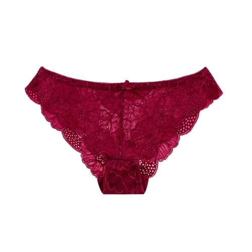 HEXHUASR Unterhosen Damen 3 Stücke Spitze Frauen-Slips Low-taisten Nahtlos Transparent Hohle Baumwollschritt-frauenunterwäsche- Weinrot (3 Stück)-l von HEXHUASR