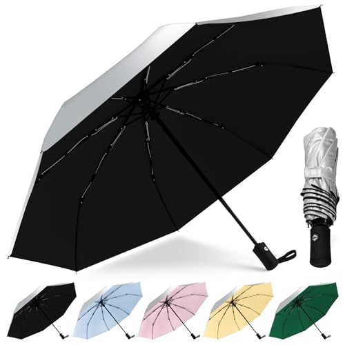 46 Inch UV Regenschirm UPF 50+ Automatik Reise Sonnenschirm Ultralight Umbrella Winddichter Regenschirm Mit 8 Rippen für Herren und Damen (Silber/Schwarz, 42inch) von HEXSOLID