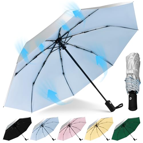 46 Inch UV Regenschirm UPF 50+ Automatik Reise Sonnenschirm Ultralight Umbrella Winddichter Regenschirm Mit 8 Rippen für Herren und Damen (Silber/Blau, 42inch) von HEXSOLID
