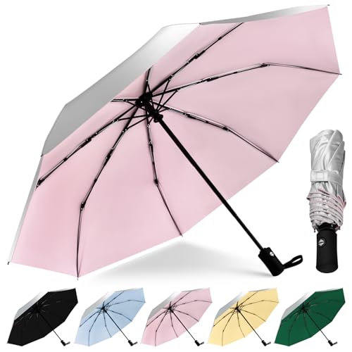 46 Inch UV Regenschirm UPF 50+ Automatik Reise Sonnenschirm Ultralight Umbrella Winddichter Regenschirm Mit 8 Rippen für Herren und Damen (Silber/Rosa, 42inch) von HEXSOLID