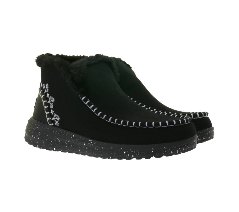 HEY DUDE Denny Faux Damen Schlupf-Stiefelette mit Kunstlammfellfutter und Wechselfußbett 40208-001 Schwarz von HEY DUDE