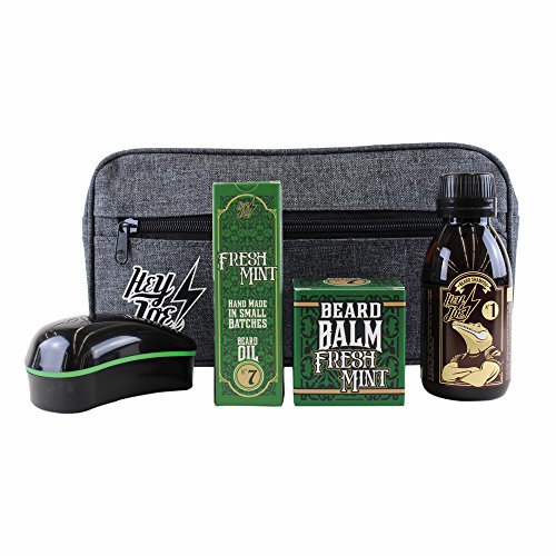 HEY JOE! Bearded Survival Kit Deluxe Nº 7 Fresh Mint | Bartpflege Set für Männer Hochwertig [ Bartöl + Bart Balsam + Bartshampoo + Bartbürste ] - Geschenk Kulturbeutel Inklusive von HEY JOE