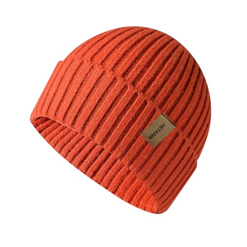 HEYANN Beanie Mütze für Herren Damen,Klassische Wintermützen Bequem Unisex Beanie Hat Strickmütze Vintage Einfarbig Strick Bündchen Beanies (Orange Rot) von HEYANN