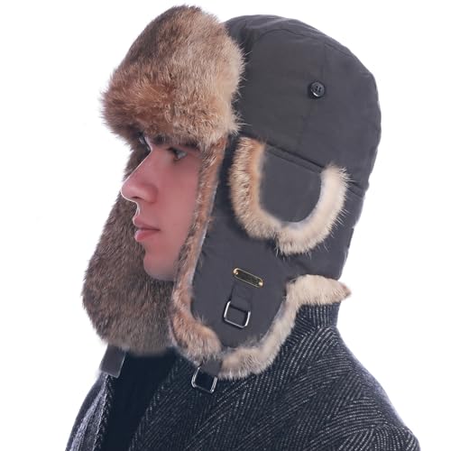 HEYANN Braun Fliegermütze Herren, Ushanka Herren Wintermütze Trapper Hut Kaninchenfell Fuzzy Wintermütze Warme Russenmütze Ushanka Pelzmütze mit Ohrenklappen für Männer Frauen (S/M, Braun) von HEYANN