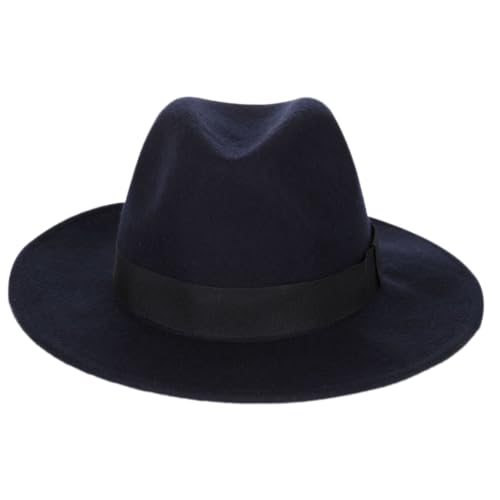 HEYANN Fedora Hut Herren Mode Filz mit breiter Krempe Wolle Filz Panama Hat Trilby Mütze für Herren und Damen Dress Hut Classic Wide Brim Filz Flat Fedora Hut (L, Marineblau) von HEYANN