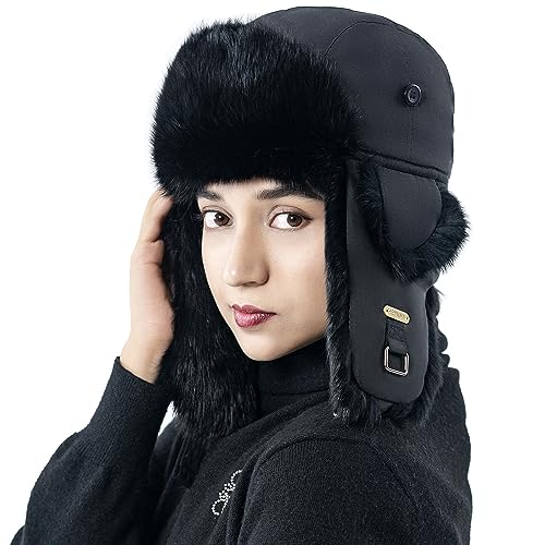 HEYANN Fliegermütze Herren Echtfell, Ushanka Damen Kaninchenfell Fuzzy Wintermütze Trapper Warme Russenmütze Ushanka Fliegermützen mit Ohrenklappen für Männer Frauen (L/XL, Schwarz) von HEYANN