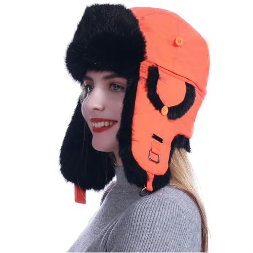 HEYANN Fliegermütze Herren Winter, Uschanka Herren Orange Wintermütze Trapper Kaninchenfell Fuzzy Warme Russenmütze Fliegermütze mit Ohrenklappen für Männer Frauen (L/XL, Orange) von HEYANN