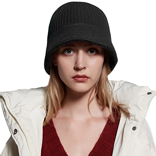 HEYANN Damen Winter Eimer Hut Wolle Bequem Strickmütze Mit Reiner Wolle Für Frauen Kopfbedeckung Warme Mütze Passform Im Herbst Winter (Schwarz) von HEYANN