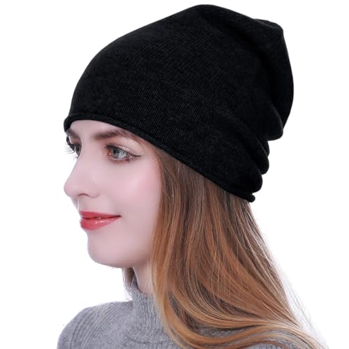 HEYANN Merino Mütze,Beanie Damen Wool Damen Beanie Ridge Cuff Beanie für Damen und Herren Wintermütze Unisex Beannie Laufmütze (Schwarz) von HEYANN