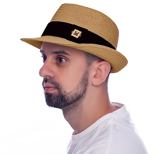 HEYANN Strohhut,Fedora Damen Panamahut Herren Strohhut im Trilby Fedora für Herren, Damen und Kinder Panamahut mit Stoffband Gentlemen Roll Up Sommerhut (Khaki-M) von HEYANN