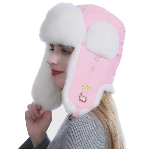 HEYANN Ushanka Damen Fliegermütze, Kaninchenfell Fuzzy Rosa Winter Trapper Hut Mütze mit Ohrenklappen Wintermütze Warme Russenmütze mit Ohrenklappen für Männer Frauen (S/M, Rosa) von HEYANN