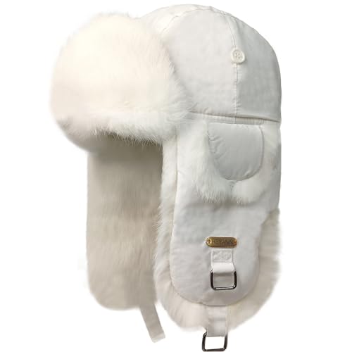 HEYANN Weiß Ushanka Damen Herren Fliegermütze, Wintermütze Trapper Winter Trapper Hut Kaninchenfell Fuzzy Warme Russenmütze Ushanka Pelzmütze mit Ohrenklappen für Männer Frauen (S/M, Weiß) von HEYANN