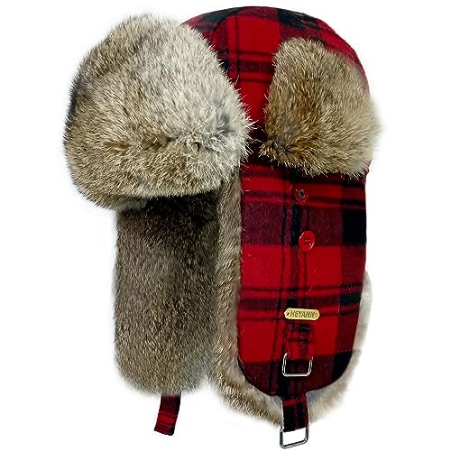 HEYANN Fliegermütze Damen Wintermütze Trapper, Ushanka Damen Roter Karierter Trapper Ushanka Mütze Russische Kaninchenfell Fuzzy Mütze mit Ohrenklappen für Damen Herren (L/XL) von HEYANN