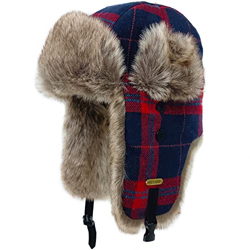 HEYANN Wintermütze mit Ohrenklappen, Trapper Bombermütze, Fallensteller Karierter Hut, Unisex Ushanka Russische Mütze für Damen Herren (Small-Medium, Rot-Blau) von HEYANN