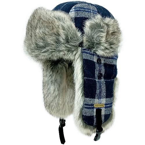 HEYANN Wintermütze mit Ohrenklappen,Uschanka Herren Trapper Mütze Fallensteller Karierter Hut Unisex Ushanka Mütze Russische Mütze Bombermütze für Damen und Herren (L/XL, Blau-Grau) von HEYANN