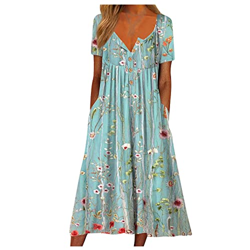 HEYCE Abendkleid Lang Sommerkleid Damen Lang Boho Kleid Damen Kurze äRmel Plissiertes LäSsiges Kleid Hohe Taille Schwingen Sommerkleid Cocktailkleid Damen Kleid Damen Elegant Maxikleid Damen von HEYCE