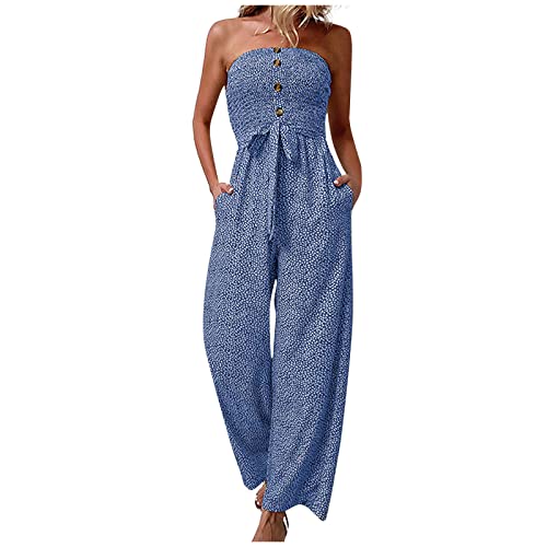 HEYCE Jumpsuit Damen Lang Einfarbig Schulterfrei Jumpsuit Damen Elegant Mit Gürtel ärmellos Jumpsuit Sommer Vintage Jumpsuit Hohe Taille Tailliert Trägerhose Sommer Rohr Oben Jumpsuit blau L von HEYCE