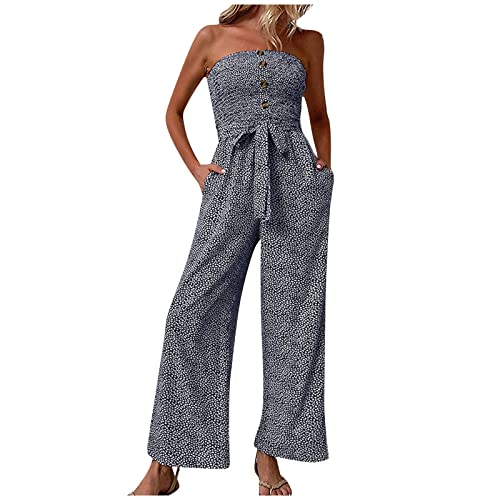 HEYCE Jumpsuit Damen Lang Einfarbig Schulterfrei Jumpsuit Damen Elegant Mit Gürtel ärmellos Jumpsuit Sommer Vintage Jumpsuit Hohe Taille Tailliert Trägerhose Sommer Rohr Oben Jumpsuit blau XL von HEYCE