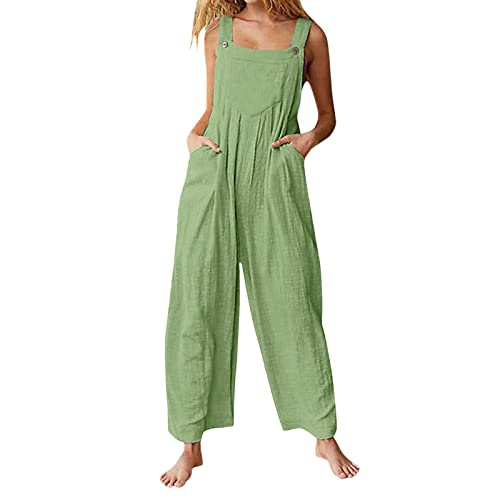 HEYCE Jumpsuit Damen Sommer Locker Lang Weite Hose Trendige Einfarbige Jumpsuit Sport Jumpsuit Damen mit Taschen Damen Sommer Lang Baumwolle Weite Hose Mode Ärmelloser Jumpsuit Grün XL von HEYCE