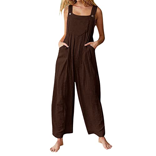 HEYCE Jumpsuit Damen Sommer Locker Lang Weite Hose Trendige Einfarbige Jumpsuit Sport Jumpsuit Damen mit Taschen Damen Sommer Lang Baumwolle Weite Hose Mode Ärmelloser Jumpsuit Rot S von HEYCE