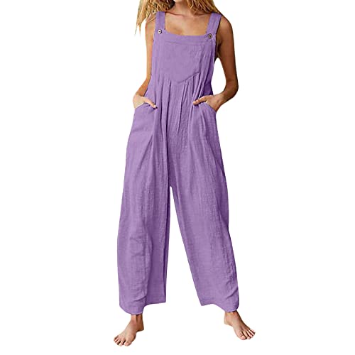 HEYCE Jumpsuit Damen Sommer Locker Lang Weite Hose Trendige Einfarbige Jumpsuit Sport Jumpsuit Damen mit Taschen Damen Sommer Lang Baumwolle Weite Hose Mode Ärmelloser Jumpsuit Violett L von HEYCE