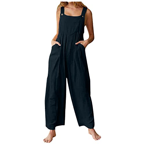 HEYCE Jumpsuit Damen Sommer Locker Lang Weite Hose Trendige Einfarbige Jumpsuit Sport Jumpsuit Damen mit Taschen Damen Sommer Lang Baumwolle Weite Hose Mode Ärmelloser Jumpsuit blau M von HEYCE