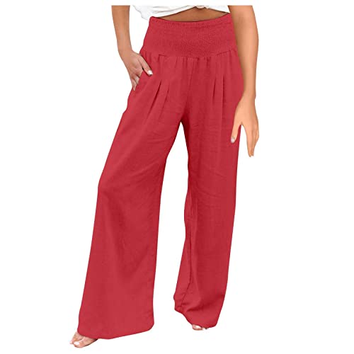 HEYCE Palazzo Hose Damen Sommer Haremshose Damen Weite Hose Damen Sommer Trainingshose Damen Damen High Waist Weit Beine Hose Elegant Lang Freizeithose Locker Stretch Schlaghose Große Rot 3XL von HEYCE