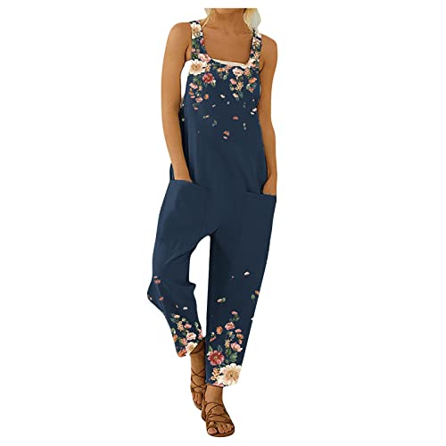 Hosen Damen Jumpsuit Damen Trägerhose Beiläufig Loose Bib Pants Overall Baggy Drucken Ärmellose Jumpsuit mit Taschen Latzhose Damen Latzhose mit Beiläufig Retro mit Weitem Bein Blau M von HEYCE