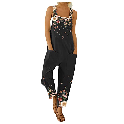 Hosen Damen Jumpsuit Damen Trägerhose Beiläufig Loose Bib Pants Overall Baggy Drucken Ärmellose Jumpsuit mit Taschen Latzhose Damen Latzhose mit Beiläufig Retro mit Weitem Bein Schwarz XXL von HEYCE