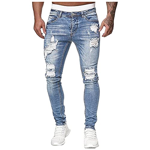 Jeans Herren Destroyed Stretch Jeans Coole Mode Jeans Skinny Ripped Slim Fit Hose Mit LöChern FüR MäNner ReißVerschluss Jeans Party Freizeithose Zerrissene Jeans Herren Stretch Blau L von HEYCE