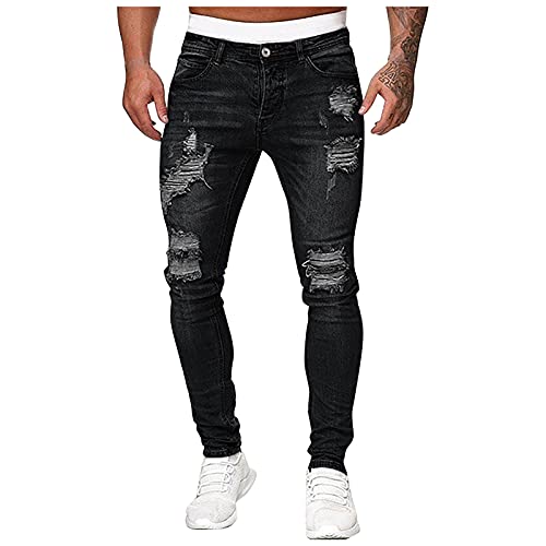 Jeans Herren Destroyed Stretch Jeans Coole Mode Jeans Skinny Ripped Slim Fit Hose Mit LöChern FüR MäNner ReißVerschluss Jeans Party Freizeithose Zerrissene Jeans Herren Stretch Schwarz 3XL von HEYCE