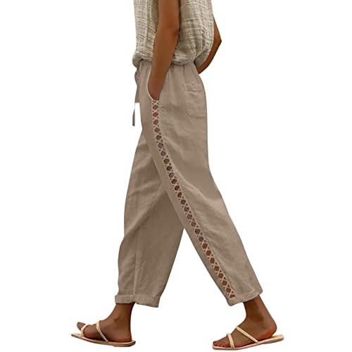 Jogginghose Damen Chino Damen Hose Damen High Waist Leinenhose Baggy Sommerhose Damen Leicht Luftige Stoffhose Freizeithose Tunnelzug Stretch Elastische Hosen Yogahose Sporthose Beige XXL von HEYCE