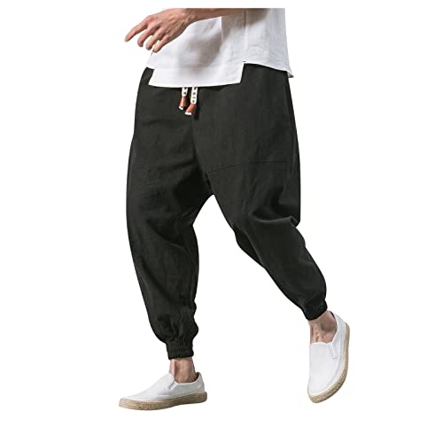 Jogginghose Herren Baggy Haremshose Herren Einfarbige Freizeithose aus Baumwolle und Leinen Mode Baggy Heimhose Lang Leichte Atmungsaktiv Pluderhose Sommerhose Herren Lang und Leicht Schwarz M von HEYCE