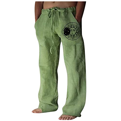 Jogginghose Herren Sommer Lang Leichte Sommerhose Herren Einfarbig Weites Bein Hosen Herren mit Kordelzug Dünne Baggy Strandhose Outdoor Hosen für Herren Freizeithose Herren mit Taschen Grün M von HEYCE