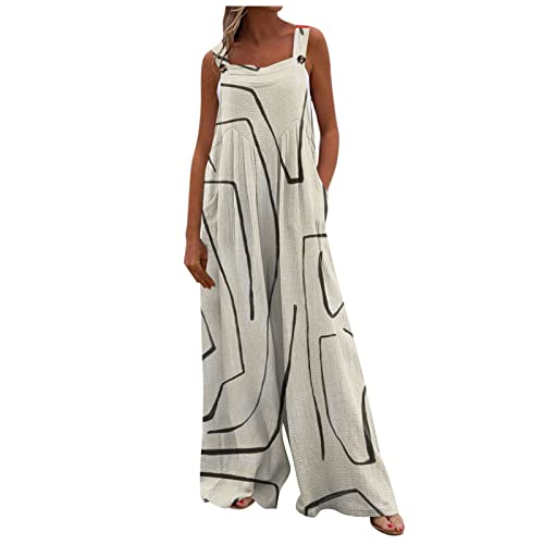 Jumpsuits für Damen Sommer Lang Bohemian Bedruckte Weite Hose Overall Jumpsuit mit Taschen Sommer Loose Fit Jumpsuit Mode Jumpsuit Damen Sommer Lang Jumpsuit Damen Elegant Beige S von HEYCE