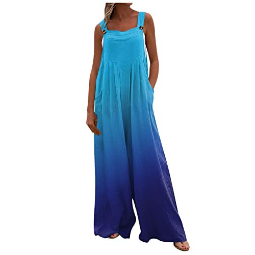 Jumpsuits für Damen Sommer Lang Bohemian Bedruckte Weite Hose Overall Jumpsuit mit Taschen Sommer Loose Fit Jumpsuit Mode Jumpsuit Damen Sommer Lang Jumpsuit Damen Elegant blau L von HEYCE