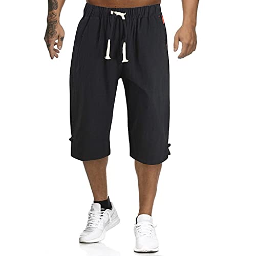 Kurze Hosen Herren Sport Herren Shorts Regular Fit Kurze Hosen Herren Leinen 3/4 Shorts Jogginghose Lounge Kordelzug Kniehose mit Taschen Trekkinghose Herren Sommer Herren Jogginghose Schwarz 4XL von HEYCE