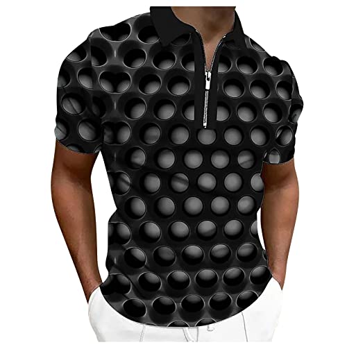 Poloshirt Herren Sommer Tops Lustige T-Shirts für Männer 3D Bedruckte Lässige ReißVerschluss T Shirt Herren Daily Ausgehen Freizeit T Shirt Vintage Tshirt Männer Oberteile Stylisch Schwarz XXL von HEYCE