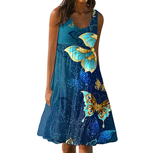 Sommerkleid Damen Boho Kleid Damen Blumen Drucken Strandkleid ärmellos Swing Kleid Damen Strandkleid Damen Sommer Sommerkleid Damen Knielang Hawaii Kleid Damen Gesmoktes Sonnenkleid blau 4XL von HEYCE