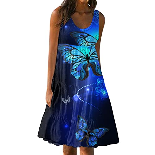 Sommerkleid Damen Boho Kleid Damen Blumen Drucken Strandkleid ärmellos Swing Kleid Damen Strandkleid Damen Sommer Sommerkleid Damen Knielang Hawaii Kleid Damen Gesmoktes Sonnenkleid blau XL von HEYCE