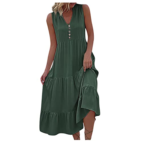 Sommerkleid Damen Sommerkleider Damen Lange Sommerkleid Damen Elegant Schlicht V Ausschnitt Kleid Boho Kleid Damen Strandkleider Damen Sommer Solid Gesmoktes Langes Sonnenkleid Grün L von HEYCE