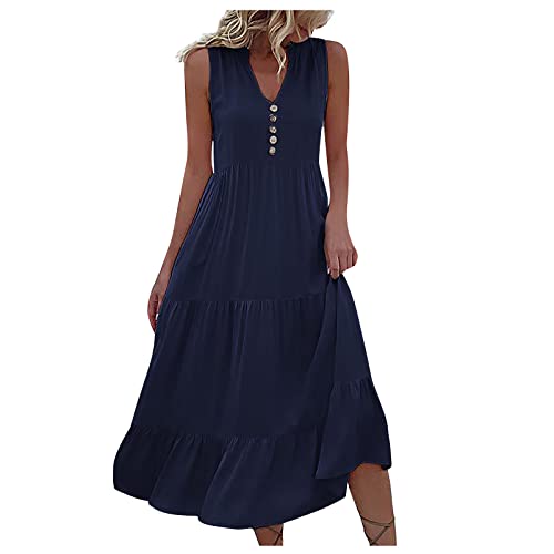 Sommerkleid Damen Sommerkleider Damen Lange Sommerkleid Damen Elegant Schlicht V Ausschnitt Kleid Boho Kleid Damen Strandkleider Damen Sommer Solid Gesmoktes Langes Sonnenkleid blau XL von HEYCE