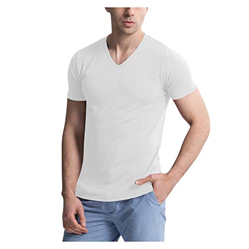 T-Shirts für Herren Henley Shirt Herren Tshirt Herren Slim Fit Oversized Tshirt Herren T Shirt Herren V Ausschnitt T Shirts Männer Unifarben Fitness T-Shirt Herren Sport Shirts für Herren Weiß XL von HEYCE