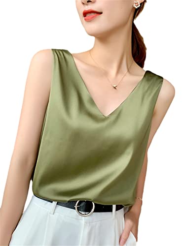 Damen Eisseide Camisole V-Ausschnitt Seide Weste Weiß Satin Top Sommer Seide Bluse Satin Weste, avocado, 36 von HEYDHSDC