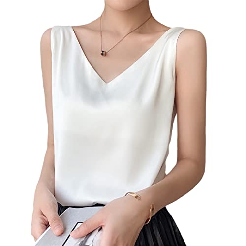 Damen Eisseide Camisole V-Ausschnitt Seide Weste Weiß Satin Top Sommer Seide Bluse Satin Weste, weiß, 50 von HEYDHSDC