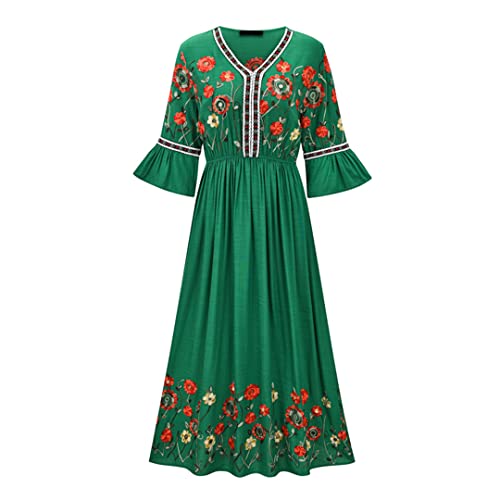 Damen Kleid Weibliche Lotusblatt Ärmel Baumwolle und Leinen Stickerei Blumenkleid GN M von HEYDHSDC